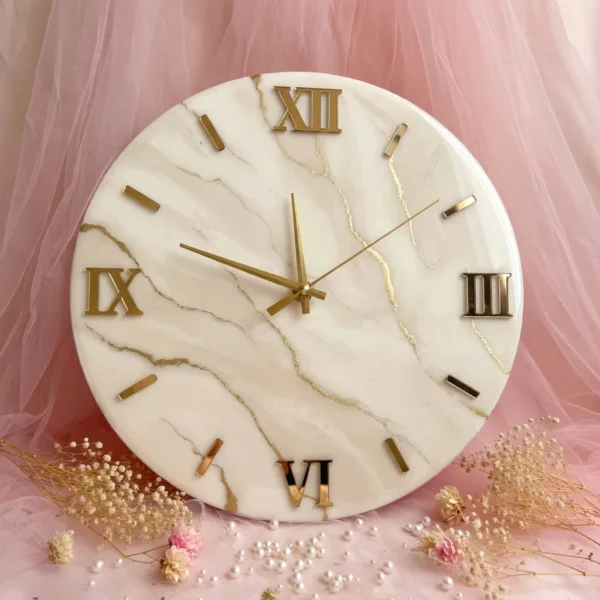 White & Gold Marble Resin Wall Clock