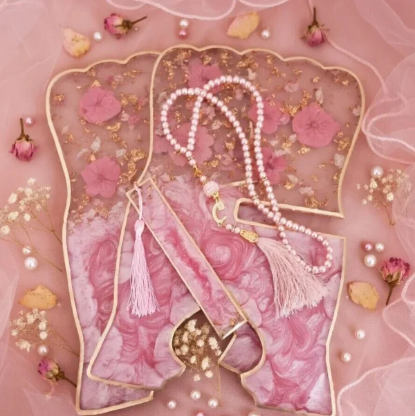 Pink Marble Resin Quran Stand with Pearl Tasbeeh