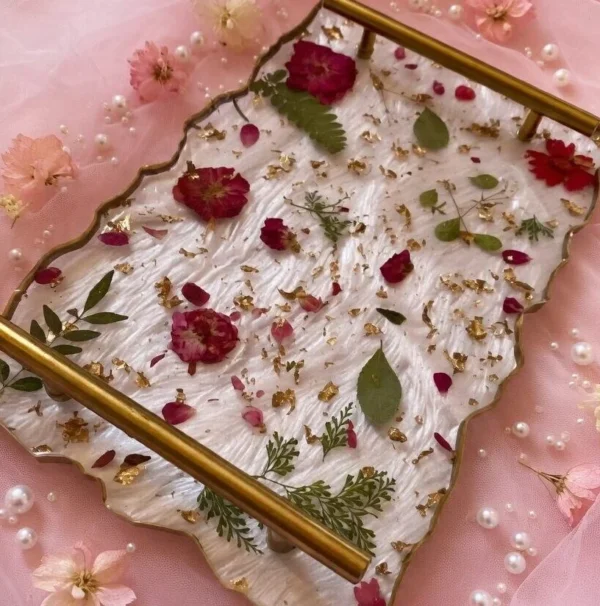 White Floral Resin Serving Tray with Gold Handles